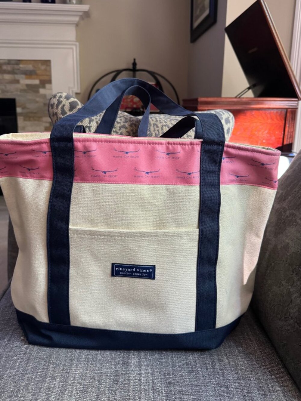 Vineyard Vines Hawks Cay Resort Canvas Tote Bag NWOT Pink/Navy Zip Top